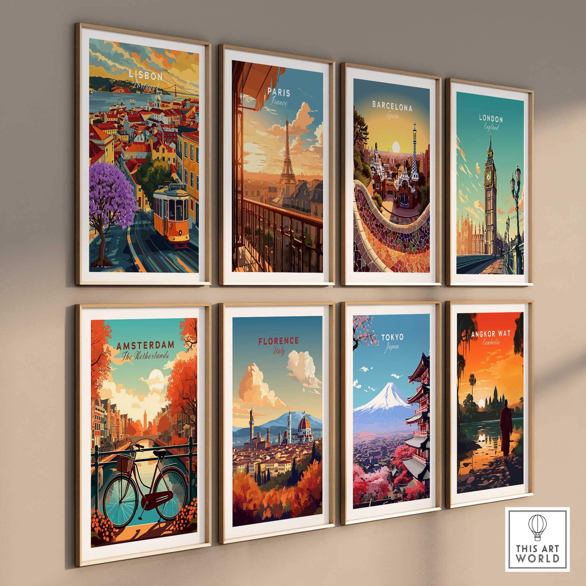 Lisbon Wall Art Poster among other travel prints, showcasing vibrant cityscapes and iconic landmarks in a stylish gallery wall.