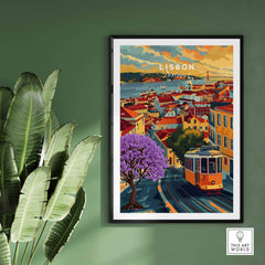 Lisbon Wall Art Poster highlighting Tram 28 and Jacaranda trees in a vibrant cityscape.
