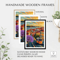 Handmade wooden frames in natural, white, and black for Lisbon Wall Art Poster showcasing vibrant cityscape.