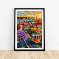 Lisbon Wall Art Poster featuring vibrant Jacaranda trees and Tram 28 against a scenic Lisbon backdrop.