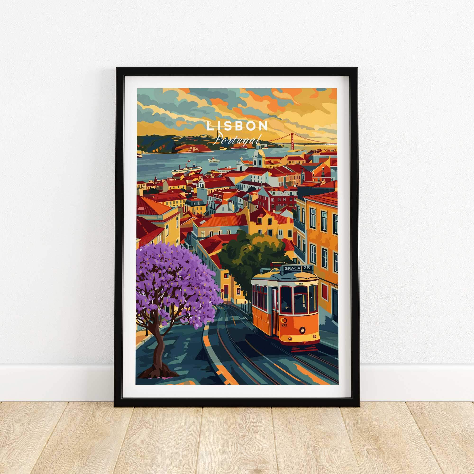Lisbon Wall Art Poster featuring vibrant Jacaranda trees and Tram 28 against a scenic Lisbon backdrop.