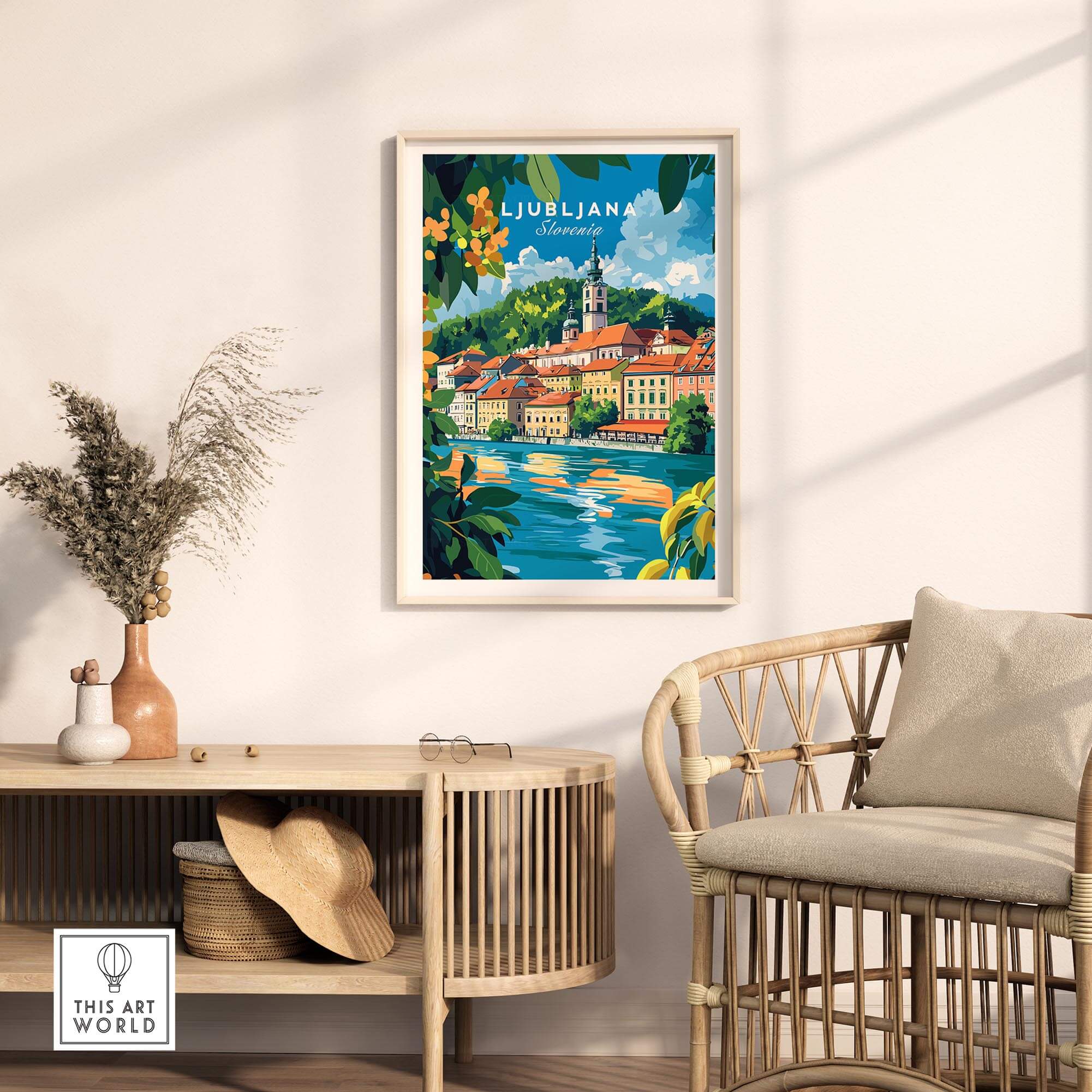 Ljubljana Poster Slovenia - colorful cityscape of Ljubljana, Slovenia, framed in modern home decor setting.