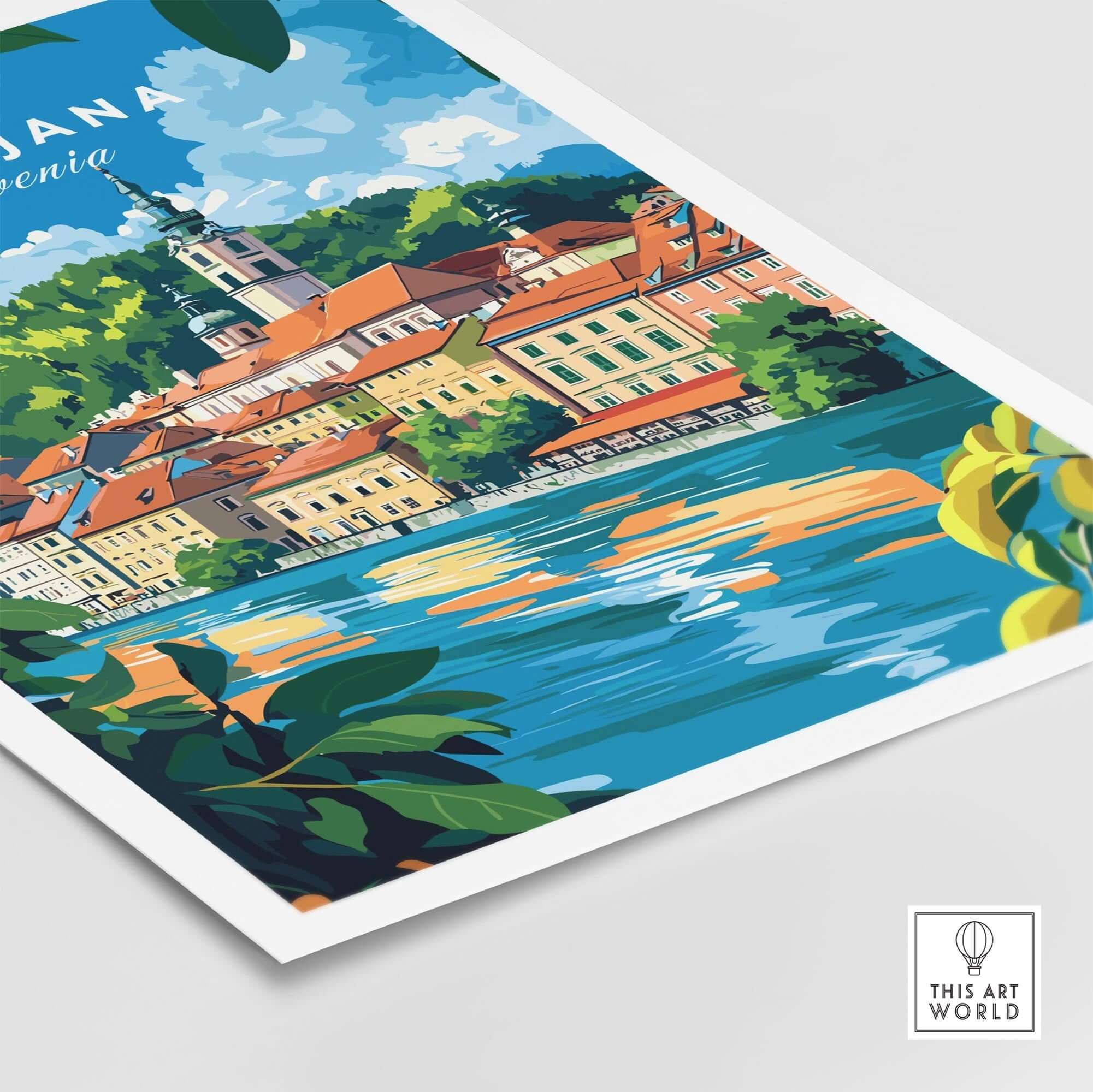 Ljubljana Poster Slovenia showcasing the vibrant cityscape and river, perfect for travel lovers and home decor.