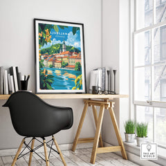 Ljubljana Poster Slovenia displayed in a stylish interior, showcasing the beautiful cityscape of Ljubljana.