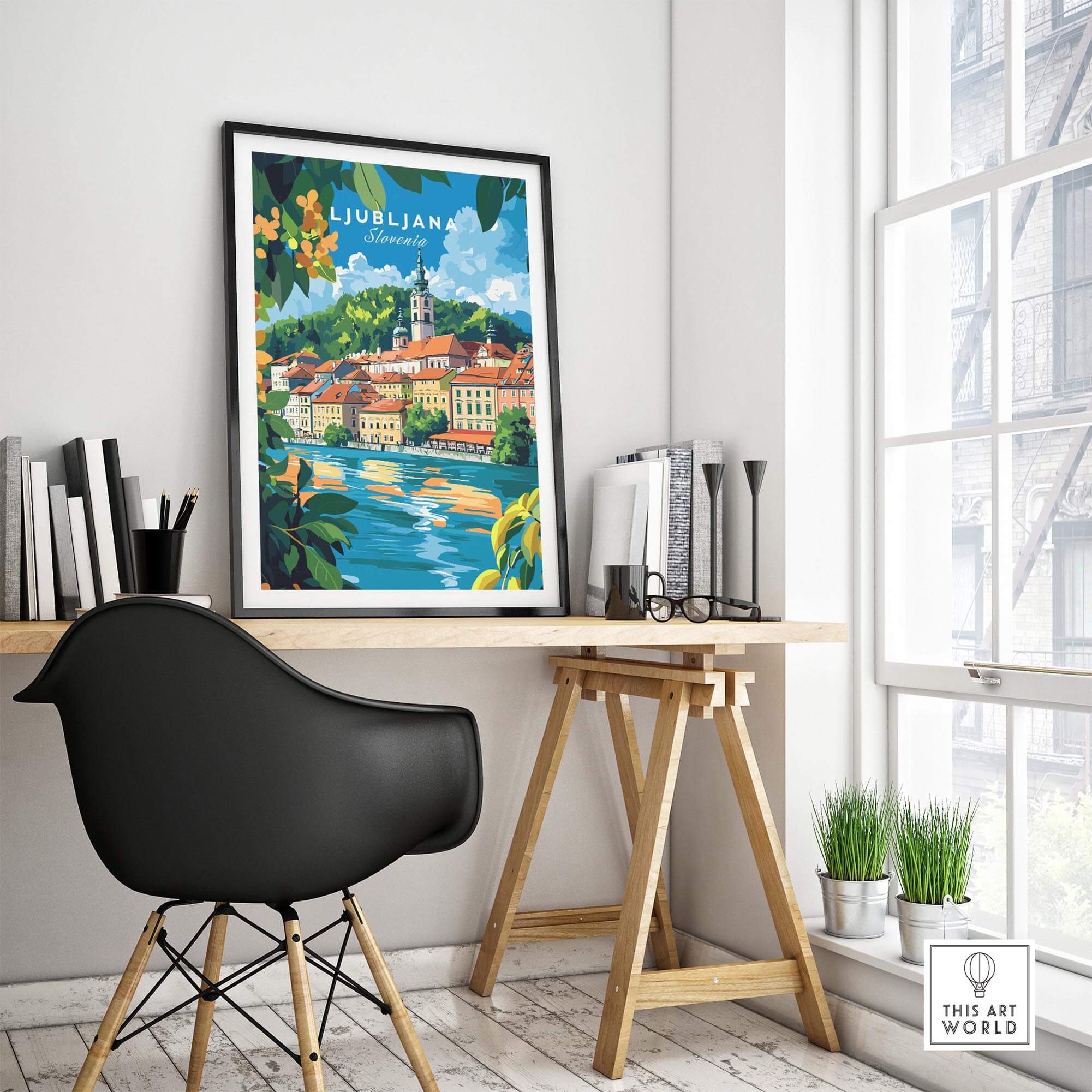 Ljubljana Poster Slovenia displayed in a stylish interior, showcasing the beautiful cityscape of Ljubljana.