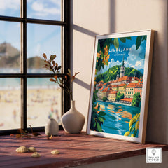 Ljubljana Poster Slovenia displayed on a windowsill, showcasing the vibrant cityscape of Slovenia's capital.