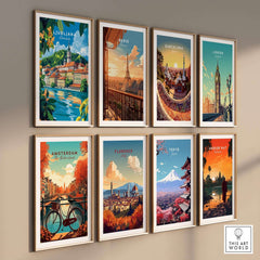 Ljubljana Poster Slovenia showcased among travel posters of Paris, Barcelona, London, Amsterdam, Florence, Tokyo and Angkor Wat.