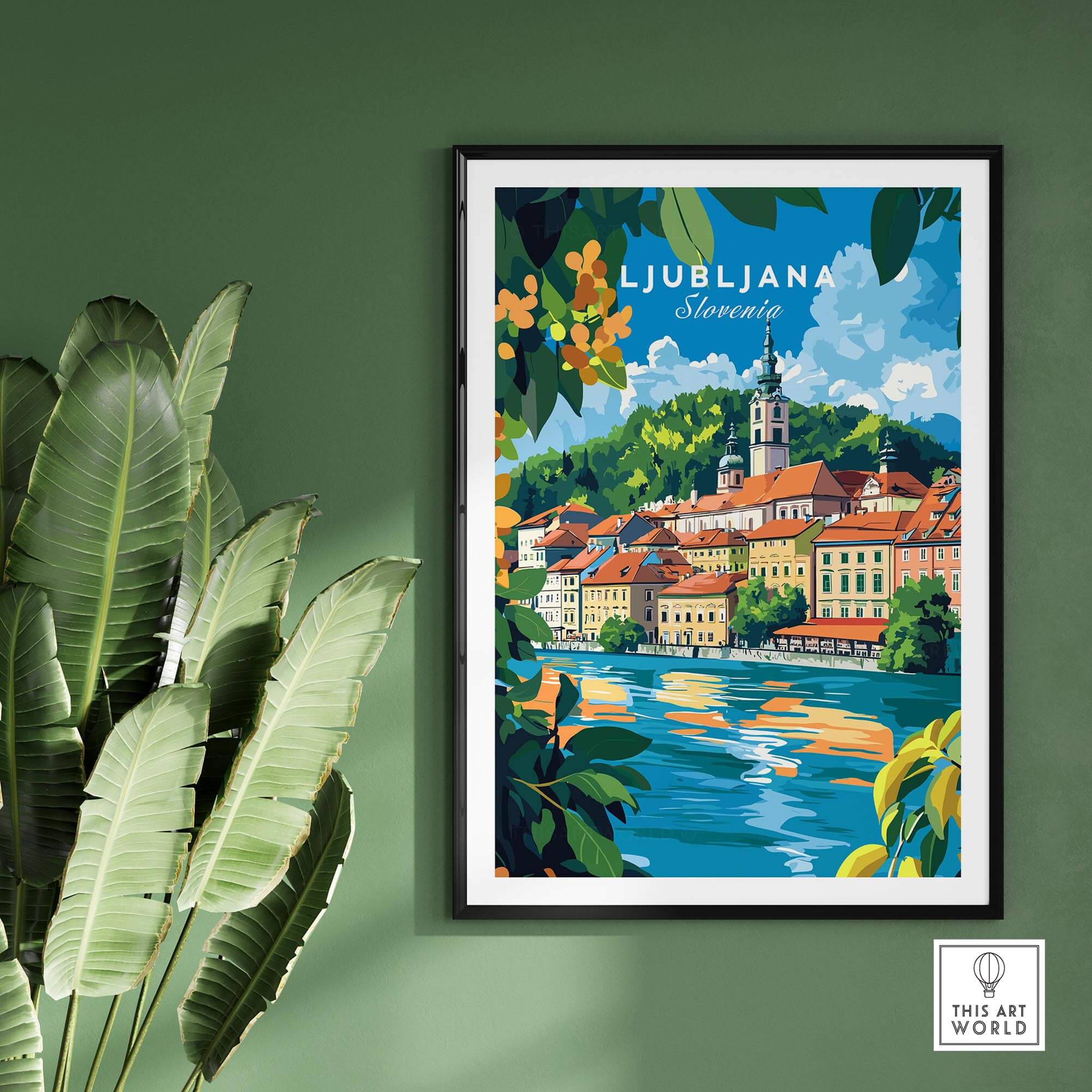 Ljubljana Poster Slovenia showcasing the vibrant cityscape and charm of Slovenia's capital on a green wall.