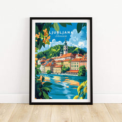Ljubljana Poster Slovenia showcasing a vibrant cityscape with lush greenery and a serene river view.