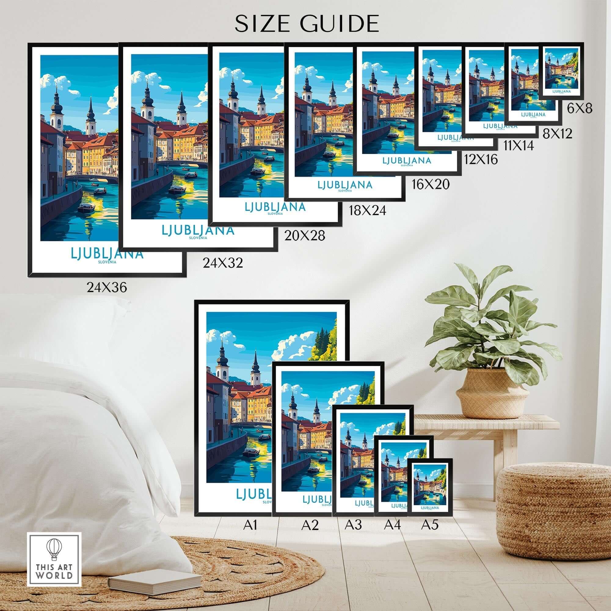 Ljubljana Print Slovenia size guide showcasing various frame options for the stunning Ljubljana Print.