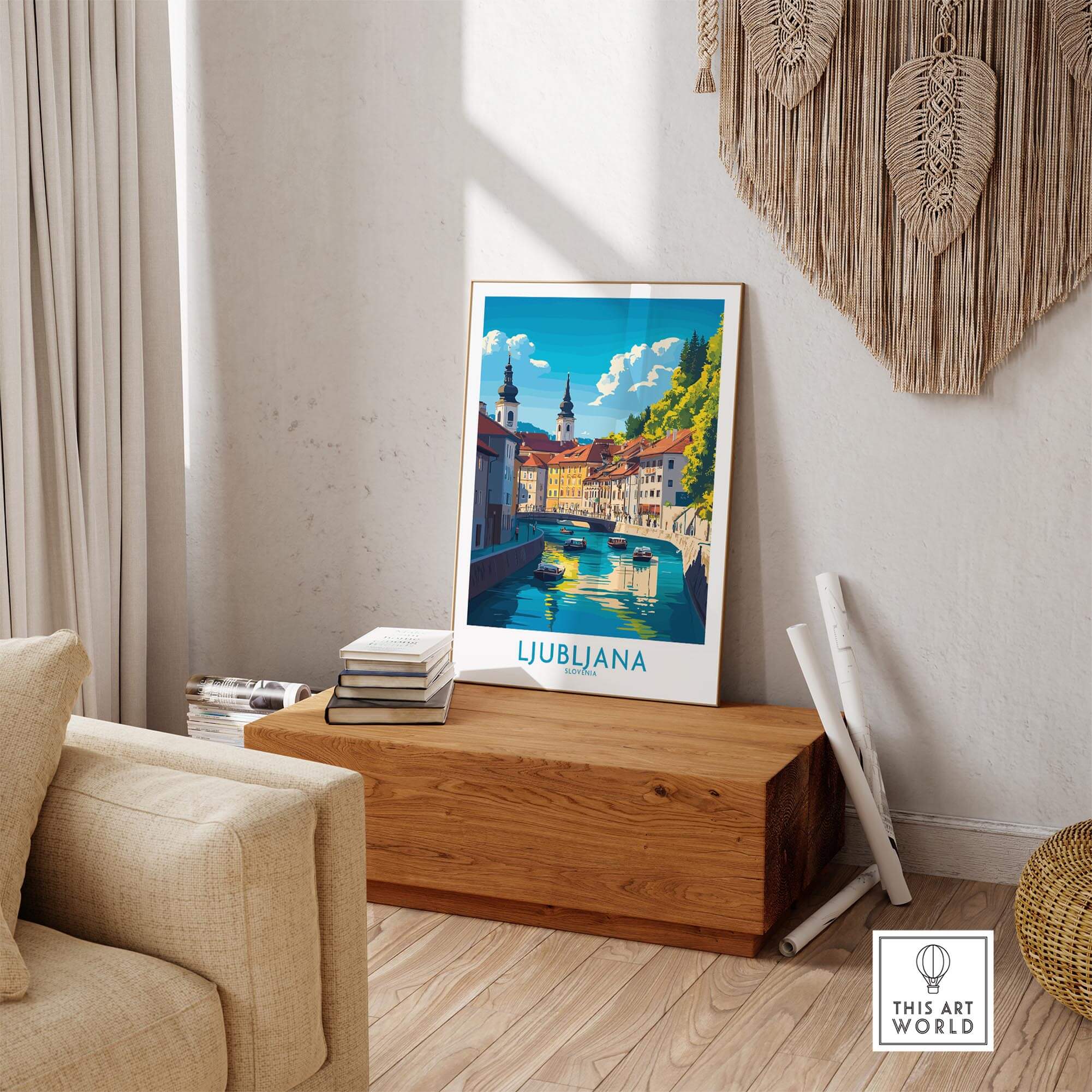 Ljubljana Print Slovenia displayed in a stylish living room on a wooden chest, showcasing the beauty of Ljubljana.