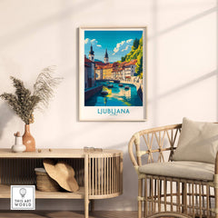Ljubljana Print Slovenia art print featuring the beautiful canals and architecture of Ljubljana's landscape.