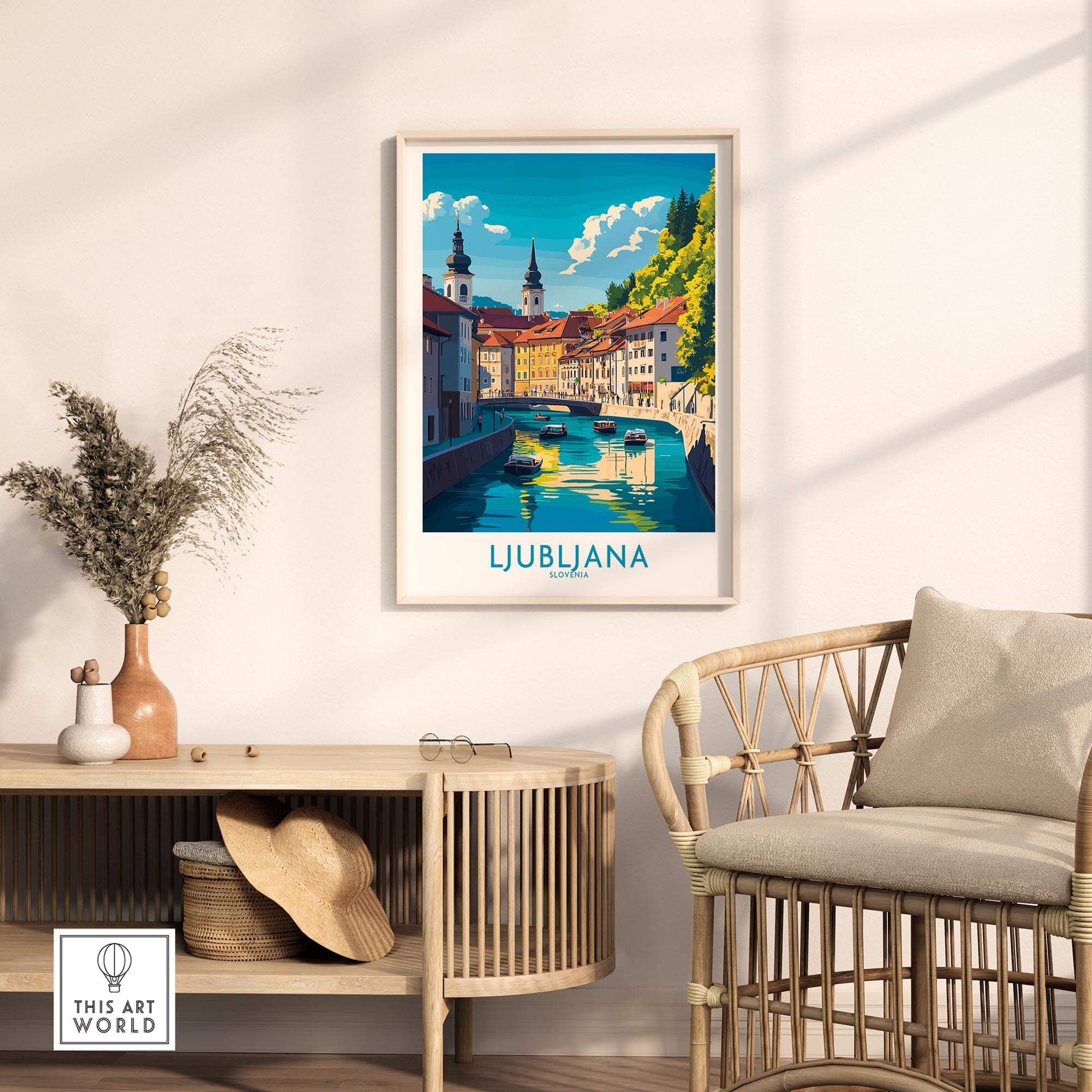 Ljubljana Print Slovenia art print featuring the beautiful canals and architecture of Ljubljana's landscape.