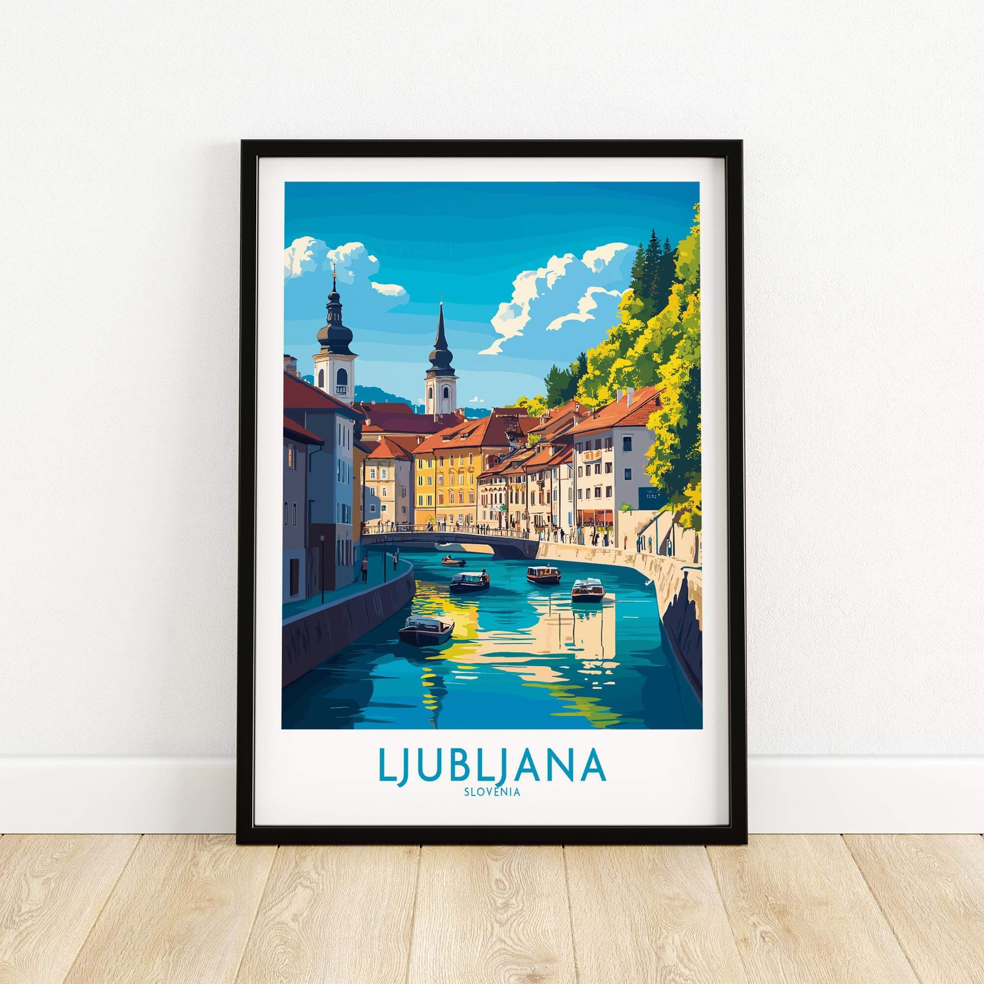 Ljubljana Print Slovenia showcasing the city's charming architecture and picturesque river view in a framed artwork.