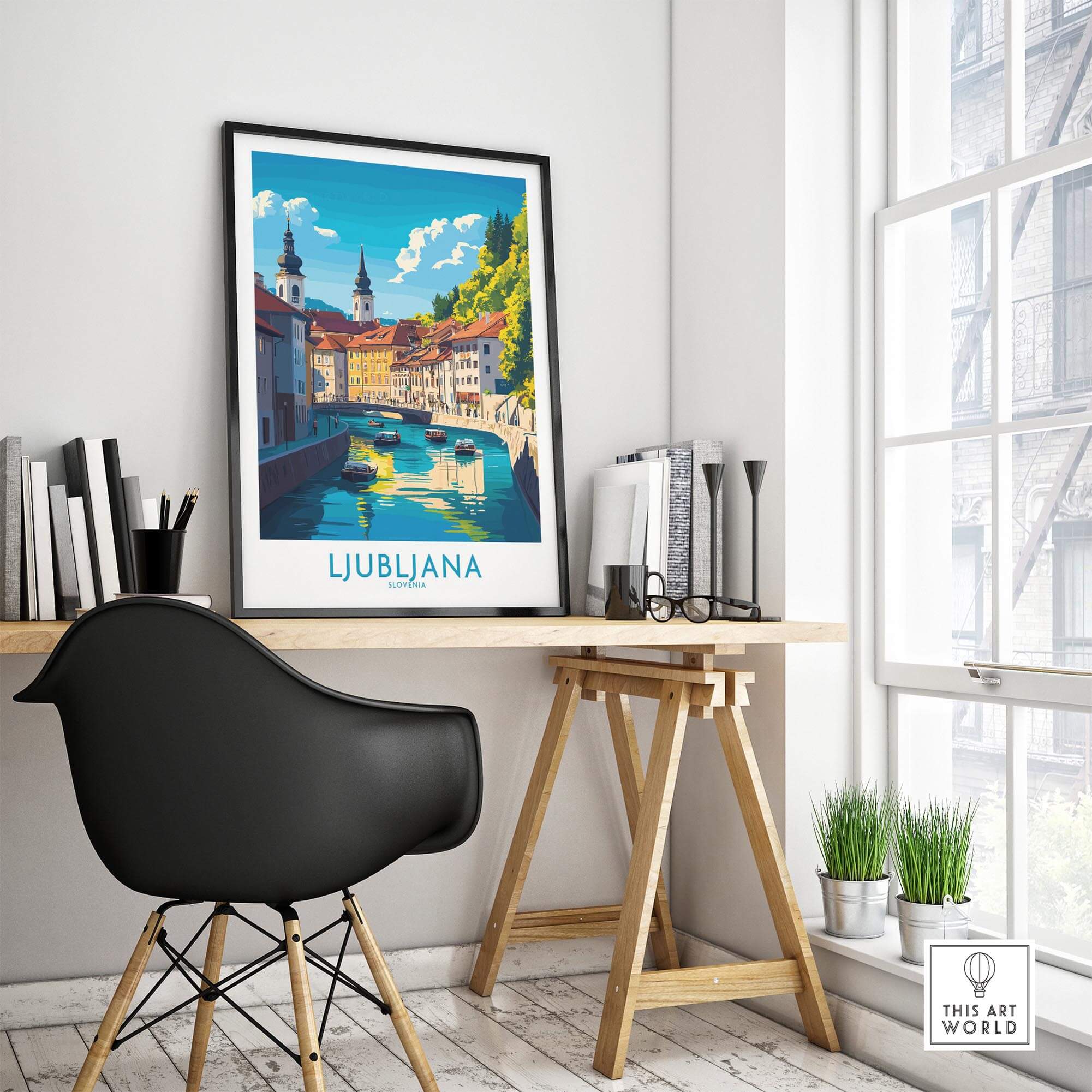 Ljubljana Print Slovenia showcasing the beautiful canal and architecture of Ljubljana, perfect for home decor.