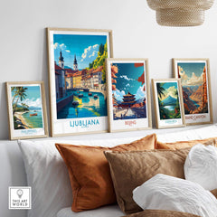 Ljubljana Print Slovenia showcased in a stylish home decor display with other travel posters.