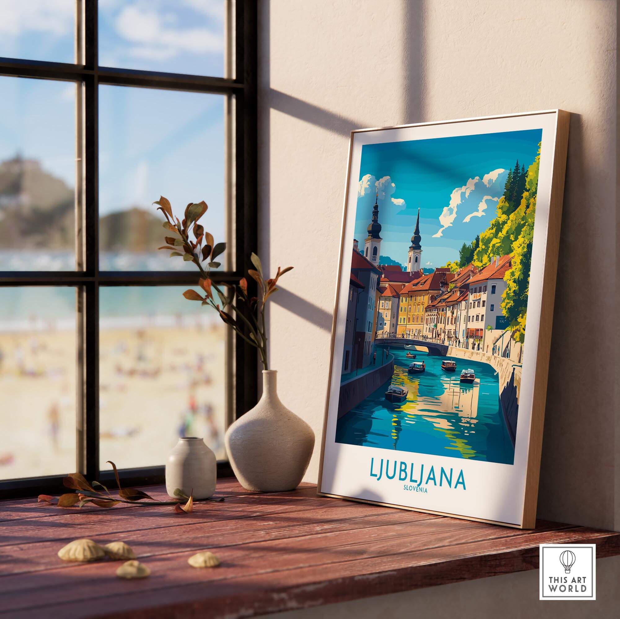 Ljubljana Print Slovenia showcasing the beautiful architecture and waterways of Ljubljana in a stylish framed art print.