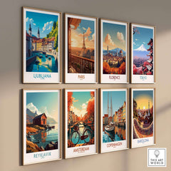 Ljubljana Print Slovenia displayed among travel posters from various cities including Paris, Florence, and Amsterdam.