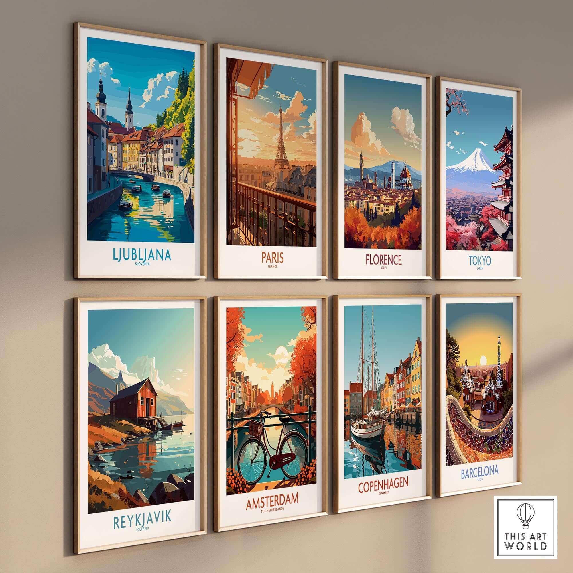 Ljubljana Print Slovenia displayed among travel posters from various cities including Paris, Florence, and Amsterdam.
