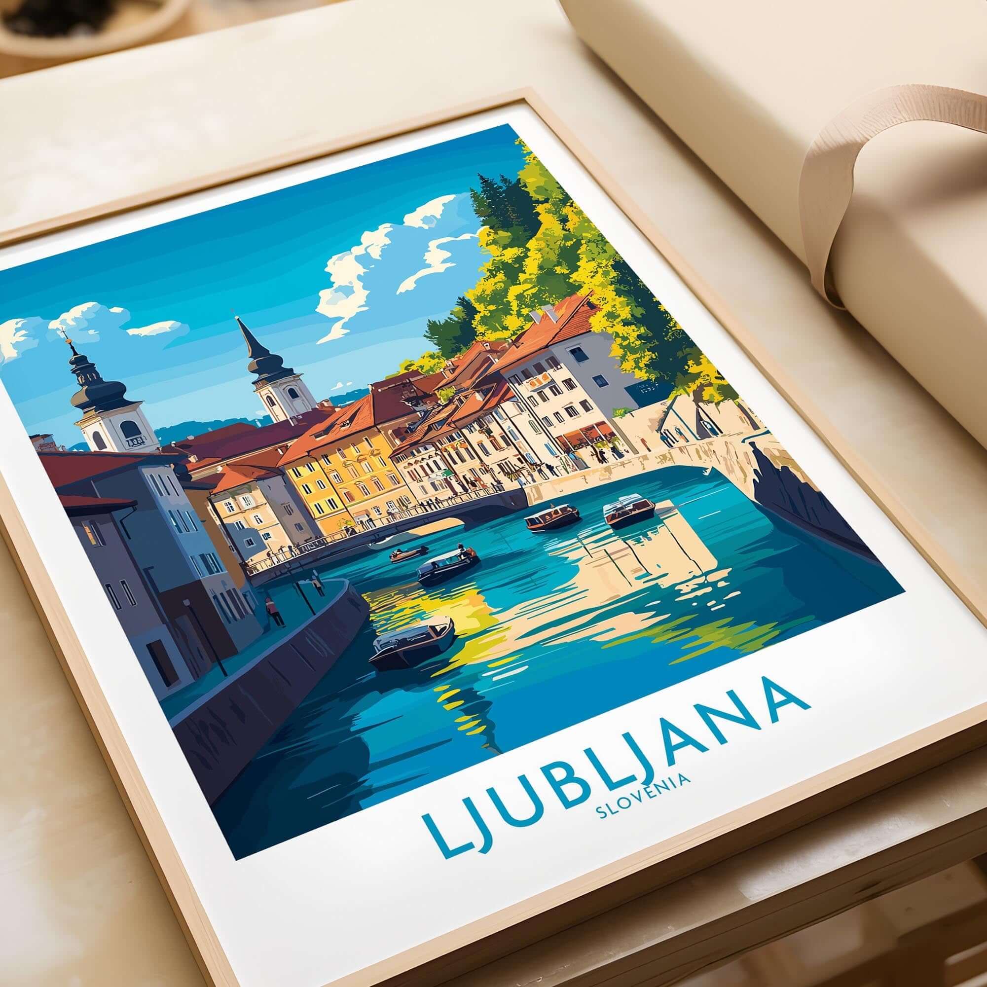 Ljubljana Print Slovenia showcasing the beauty of Ljubljana with colorful architecture and river view.