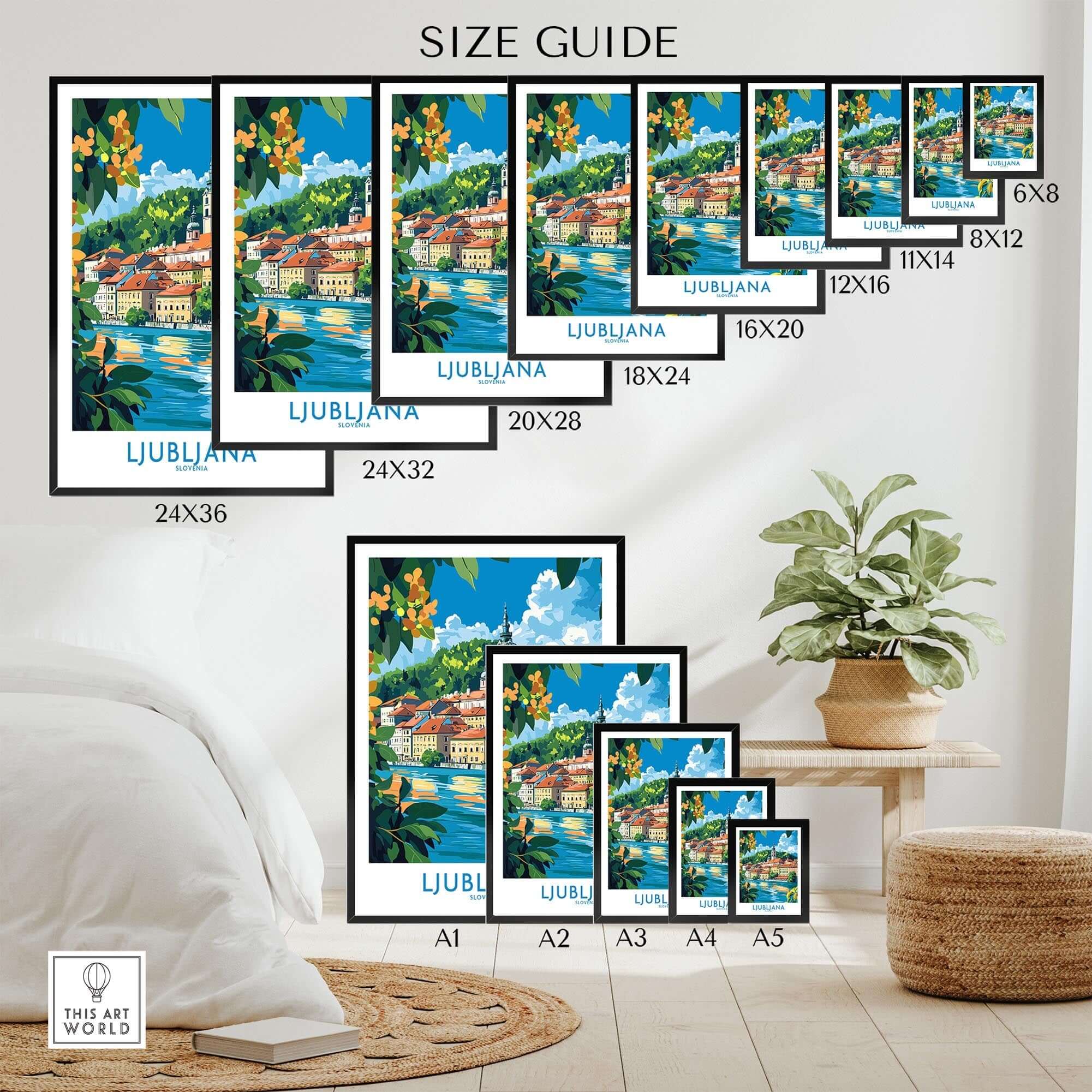 Ljubljana Slovenia Wall Art Print size guide for various dimensions and display options.