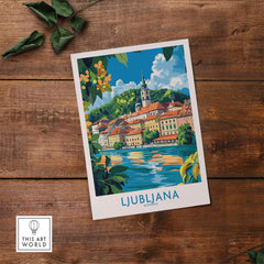 Ljubljana Slovenia Wall Art Print featuring vibrant depiction of the city on a wooden background.