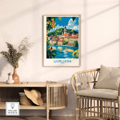 Ljubljana Slovenia Wall Art Print showcasing the vibrant cityscape of Ljubljana in a stylish interior setting.