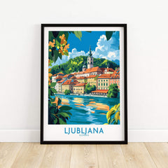 Ljubljana Slovenia Wall Art Print featuring a vibrant depiction of the charming city and river.