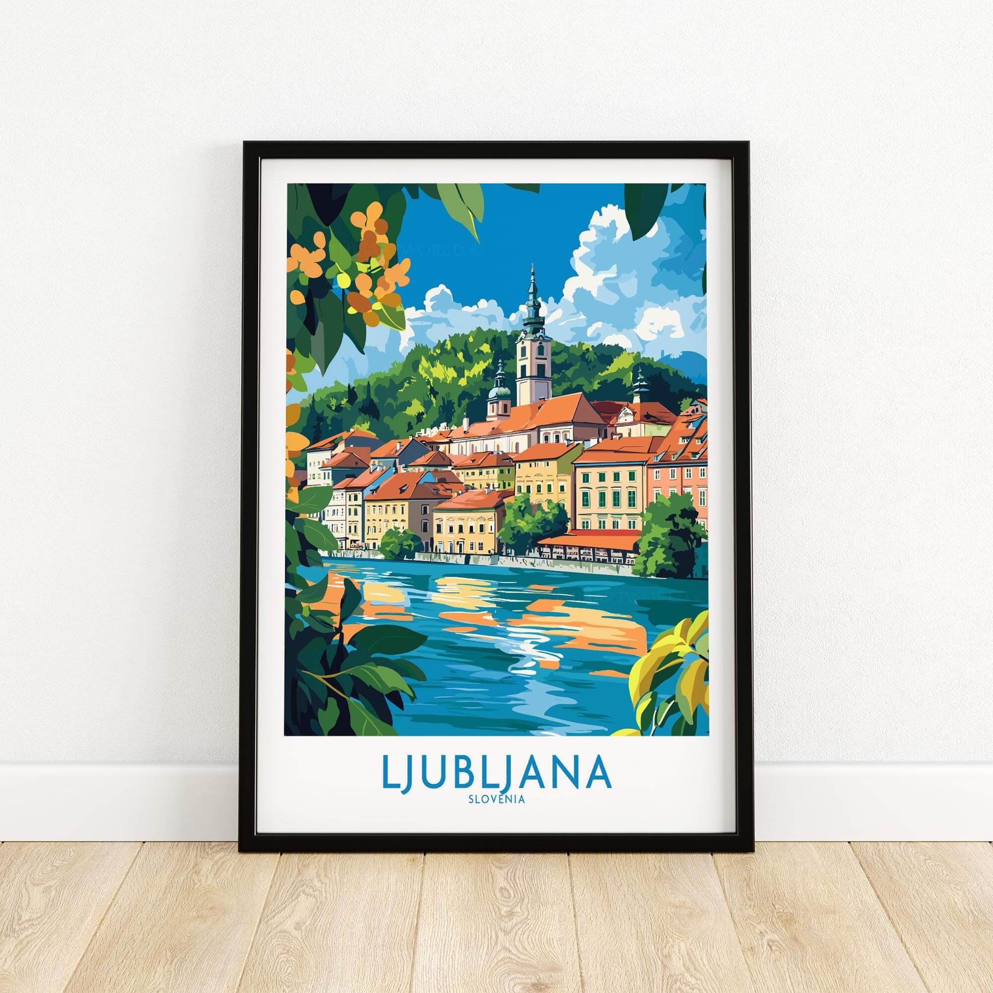 Ljubljana Slovenia Wall Art Print featuring a vibrant depiction of the charming city and river.