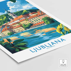 Ljubljana Slovenia Wall Art Print featuring vibrant scenery of Ljubljana's architecture and river.