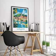 Ljubljana Slovenia Wall Art Print displayed in a modern workspace, showcasing vibrant city scenery and cultural charm.