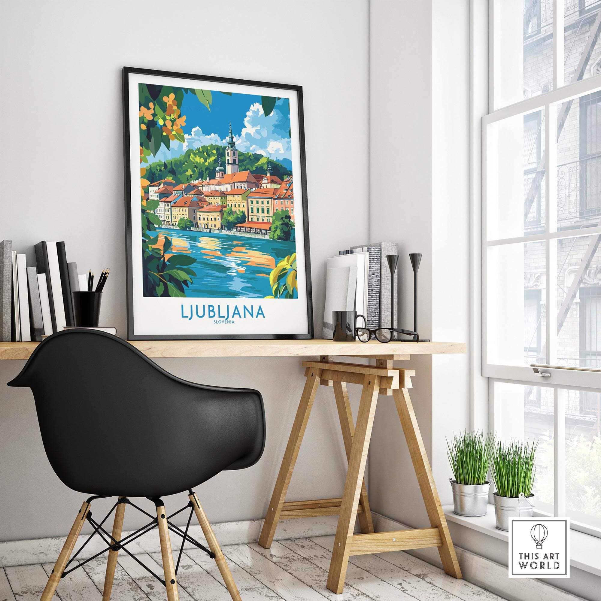 Ljubljana Slovenia Wall Art Print displayed in a modern workspace, showcasing vibrant city scenery and cultural charm.