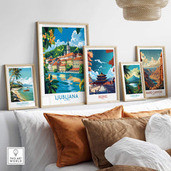 Ljubljana Slovenia Wall Art Print displayed among other travel-themed wall art prints.