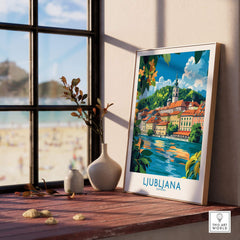 Ljubljana Slovenia Wall Art Print displayed in a sunlit room with a window view.