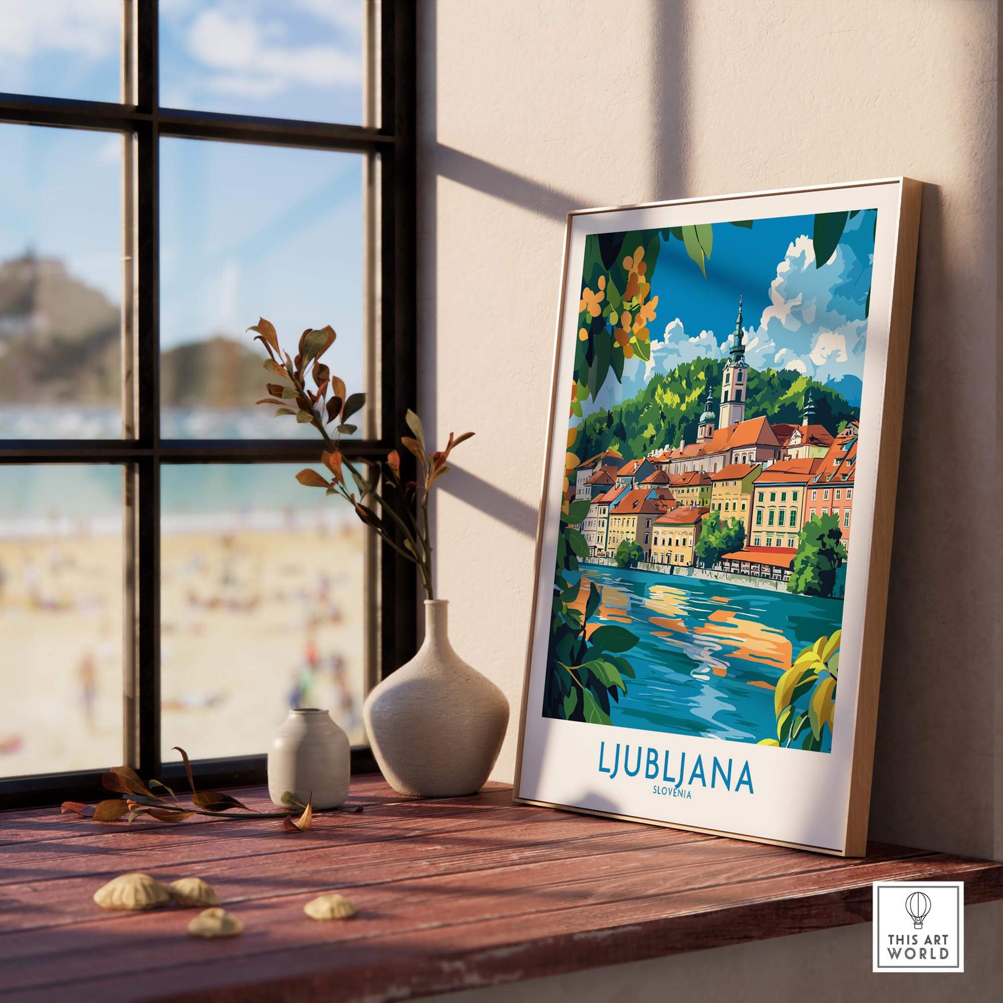Ljubljana Slovenia Wall Art Print displayed in a sunlit room with a window view.