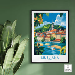 Ljubljana Slovenia Wall Art Print showcasing vibrant cityscape and river, perfect for home decor.