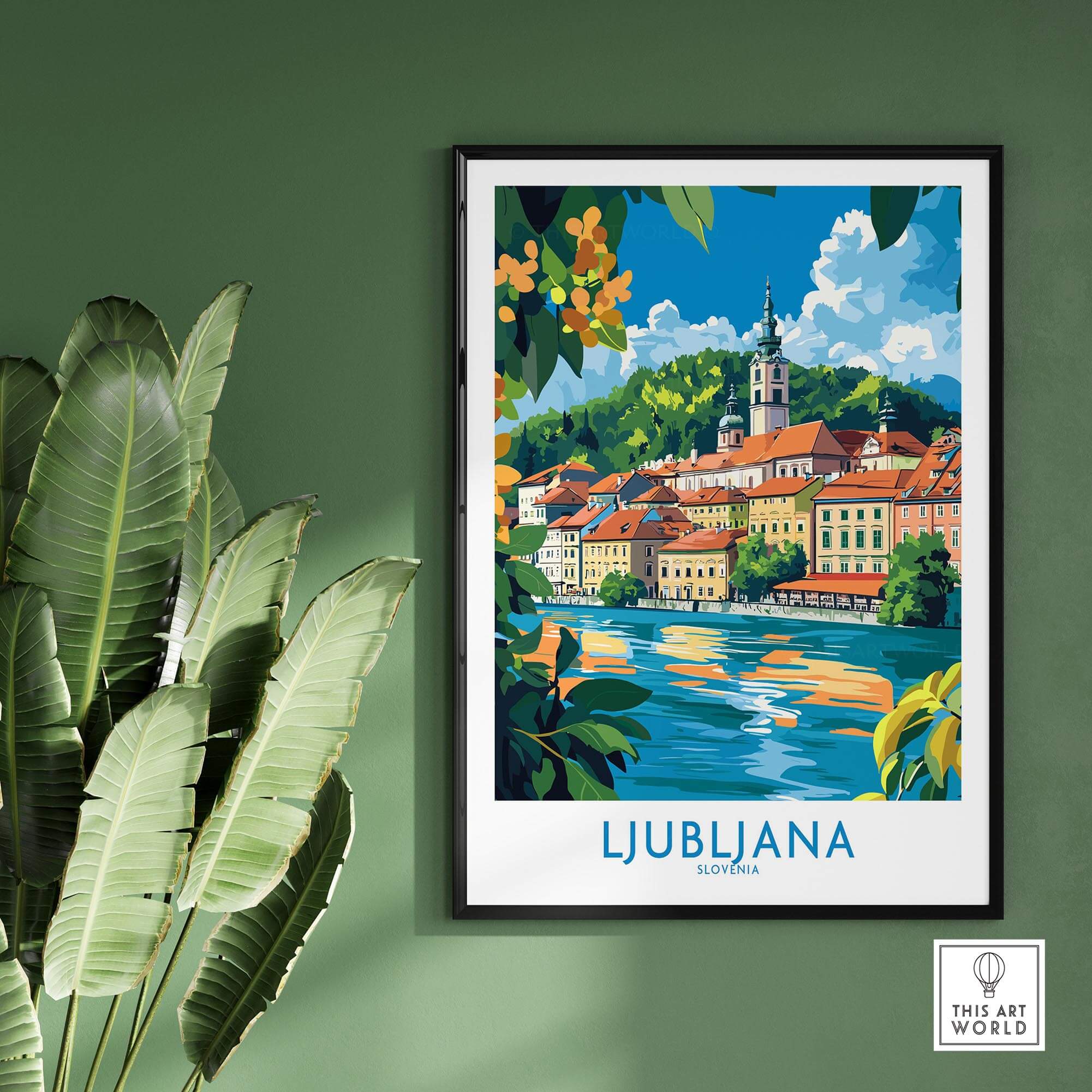 Ljubljana Slovenia Wall Art Print showcasing vibrant cityscape and river, perfect for home decor.
