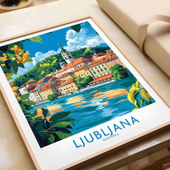 Ljubljana Slovenia Wall Art Print showcasing vibrant cityscape with green foliage and river reflection.