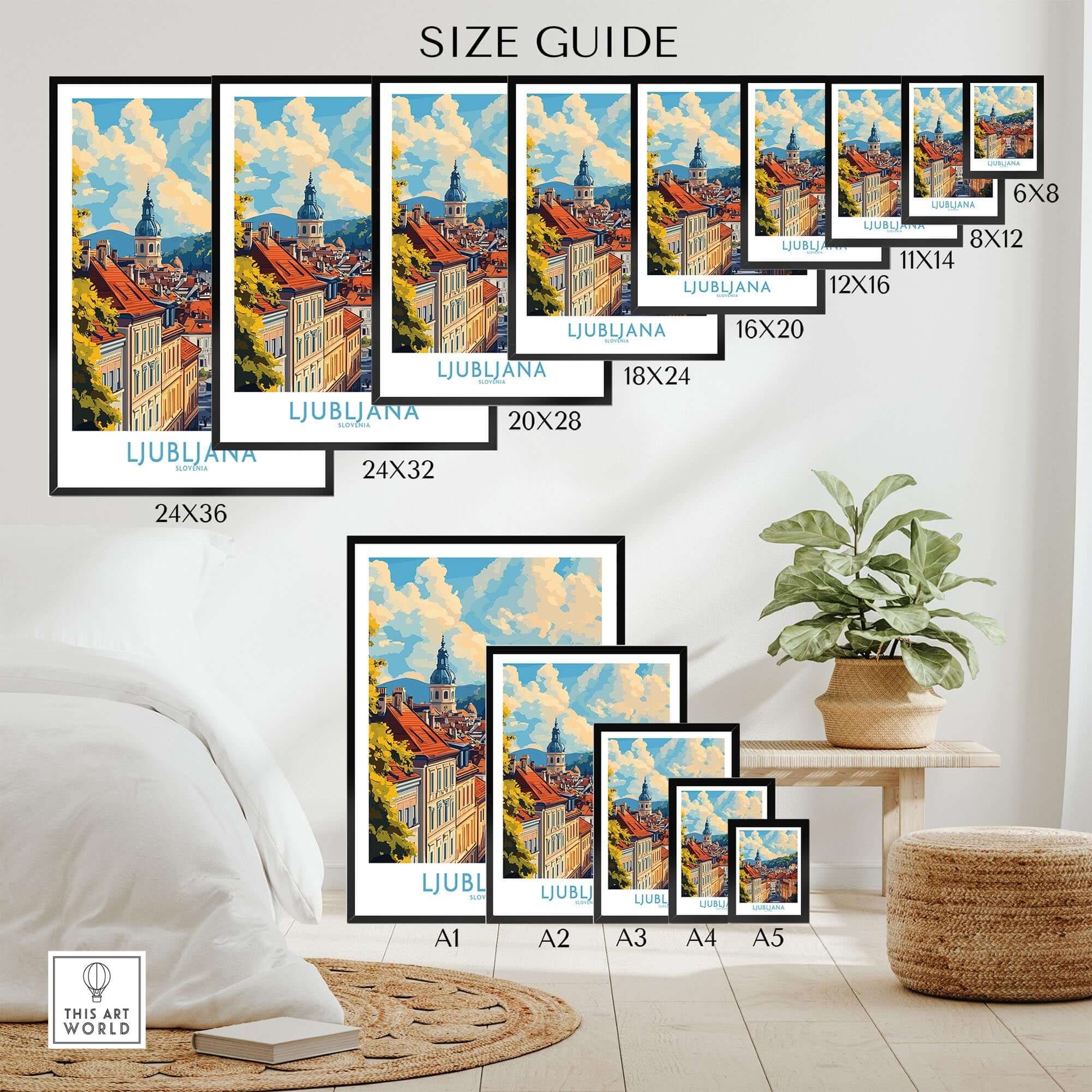 Ljubljana Travel Poster size guide showcasing various dimensions for wall art of the charming Ljubljana skyline.
