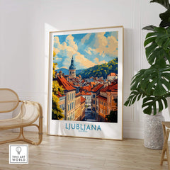 Ljubljana Travel Poster showcasing beautiful cityscape and iconic architecture of Slovenia in a stylish home setting.