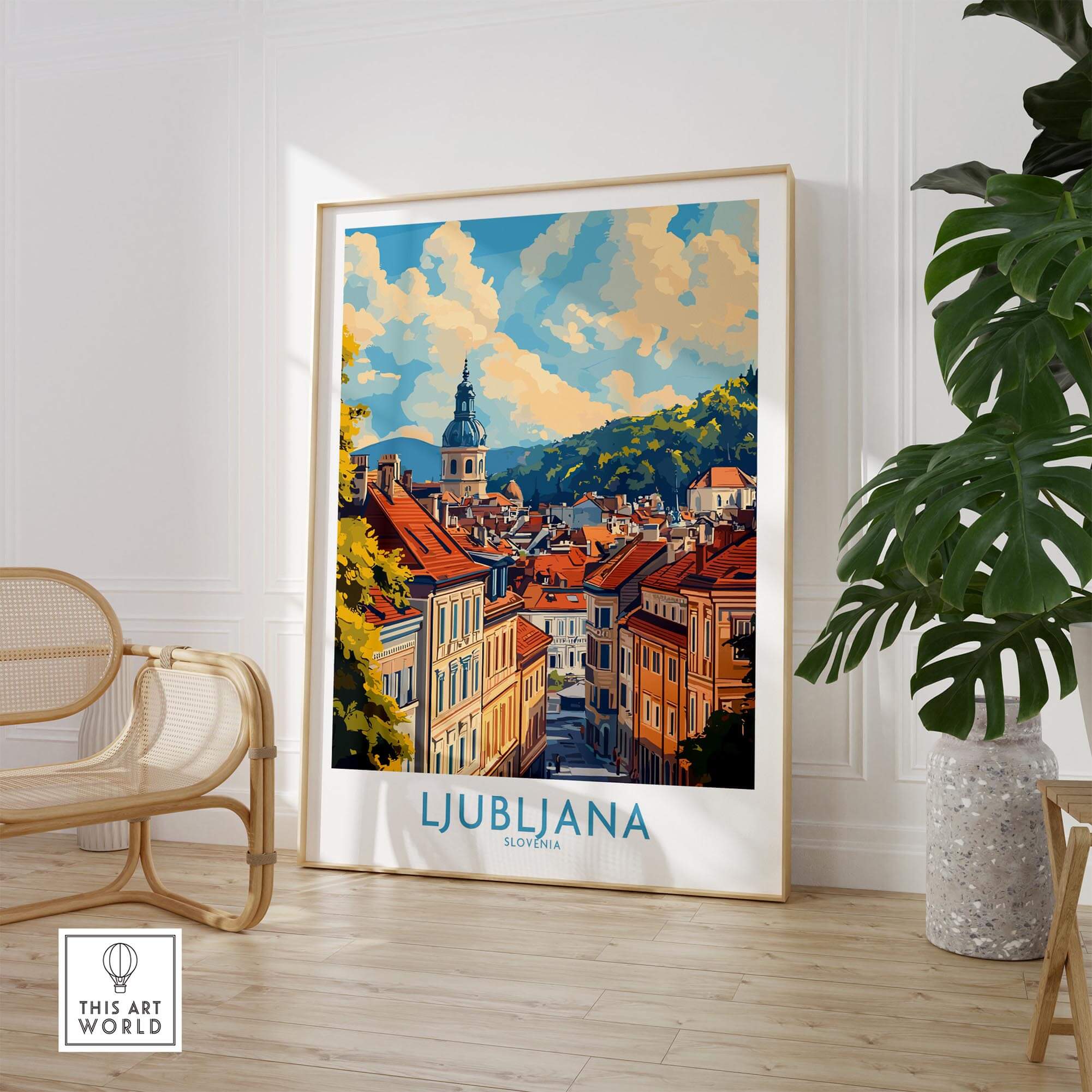 Ljubljana Travel Poster showcasing beautiful cityscape and iconic architecture of Slovenia in a stylish home setting.