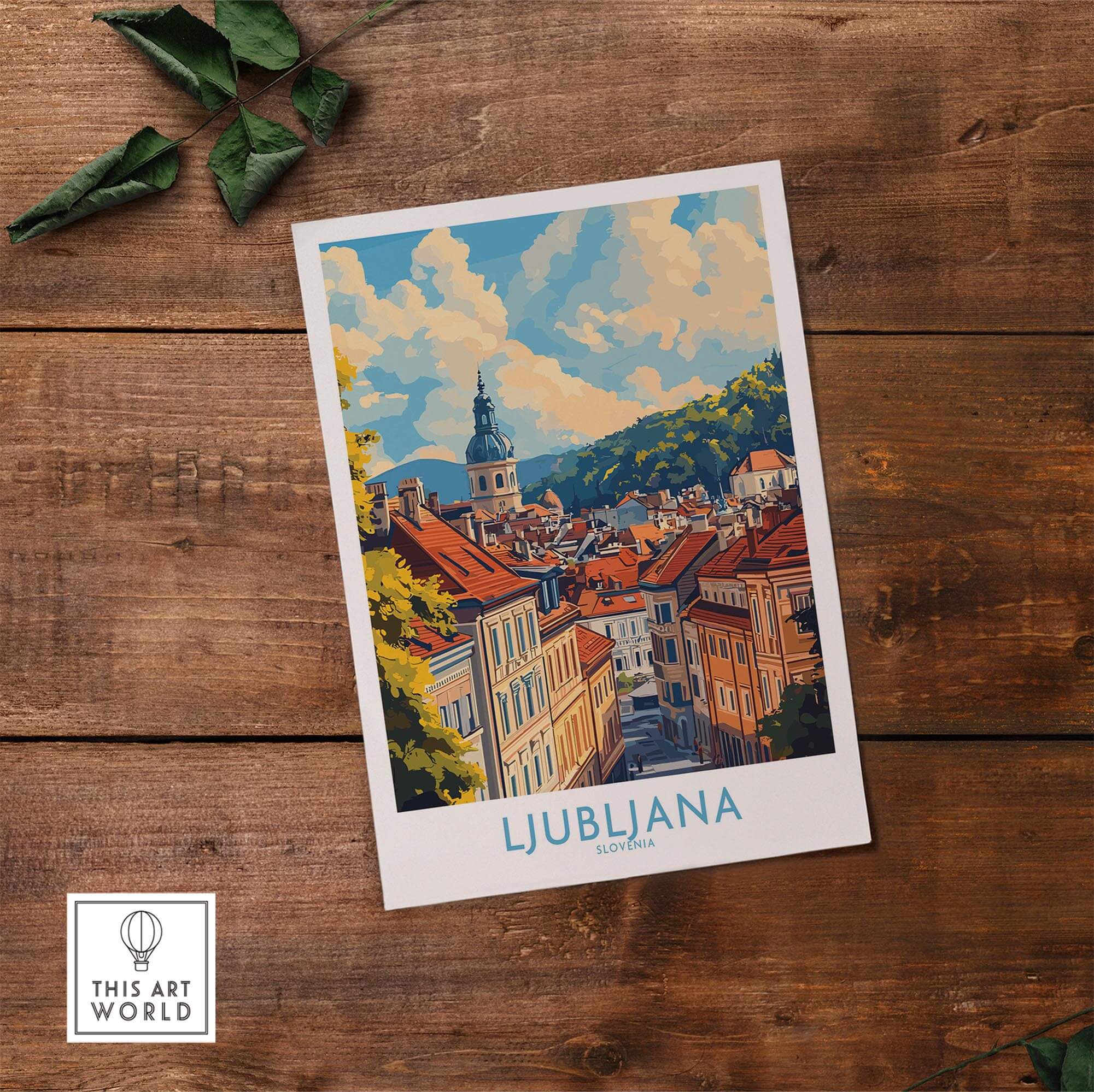 Ljubljana Travel Poster showcasing the beautiful architecture and vibrant scenery of Ljubljana, Slovenia.