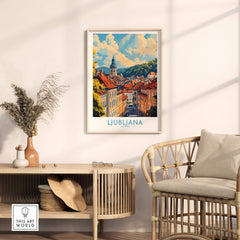 Ljubljana Travel Poster showcasing the vibrant cityscape of Ljubljana in a stylish interior setting.