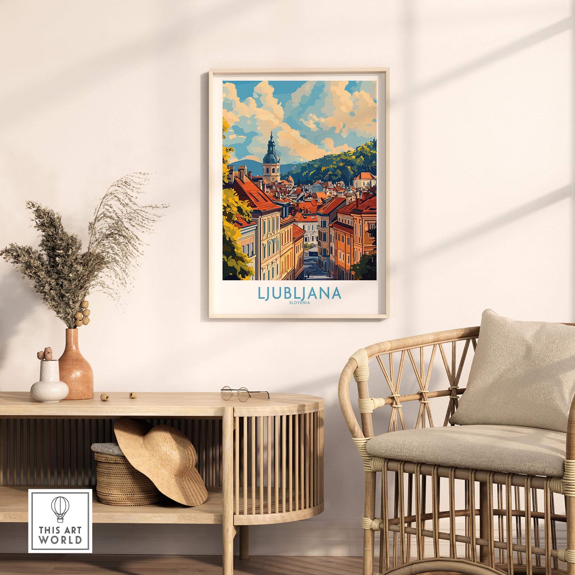 Ljubljana Travel Poster showcasing the vibrant cityscape of Ljubljana in a stylish interior setting.