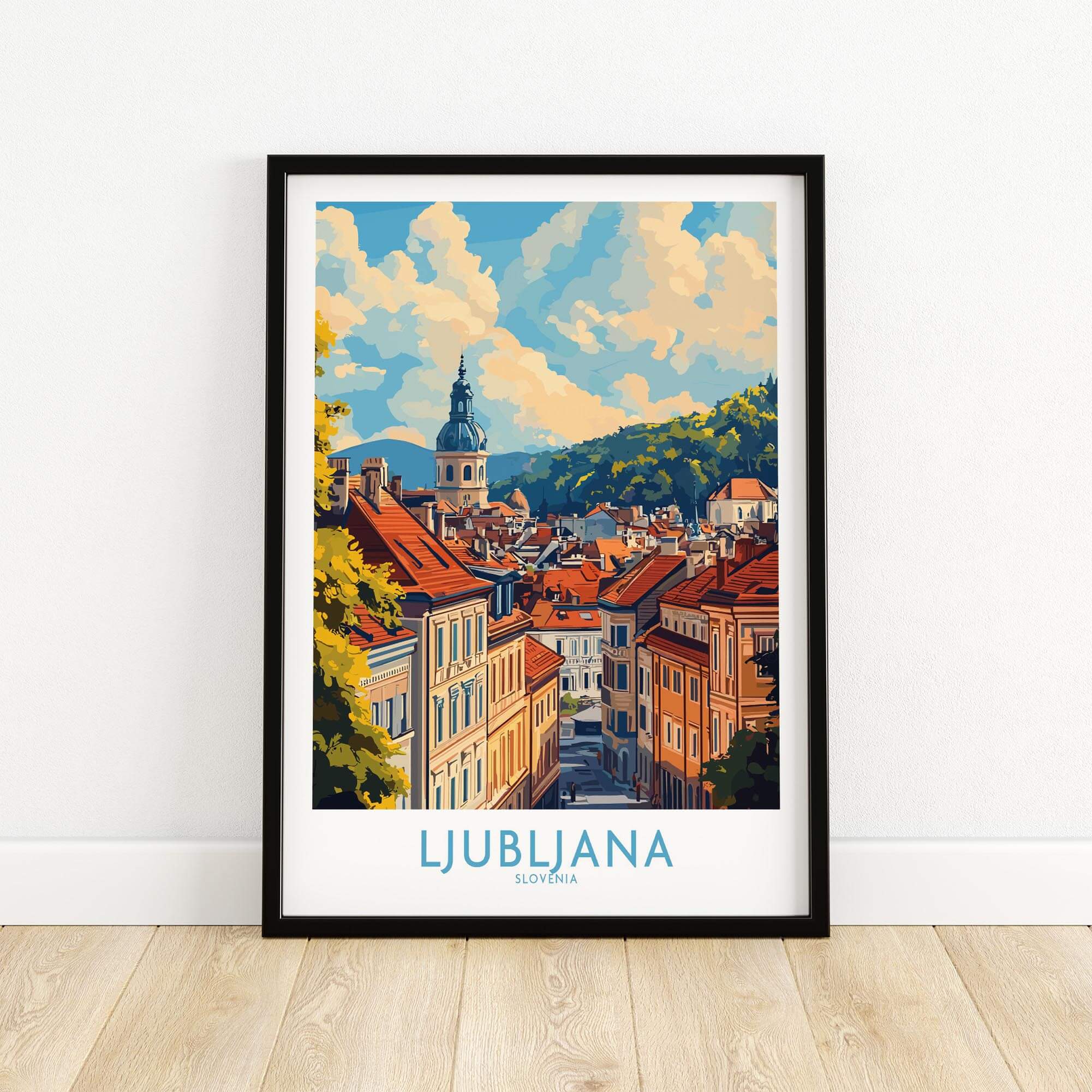 Ljubljana Travel Poster featuring a vibrant view of the city with colorful buildings and a blue sky.