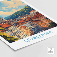 Ljubljana Travel Poster showcasing the vibrant rooftops and landscapes of Slovenia's charming capital.