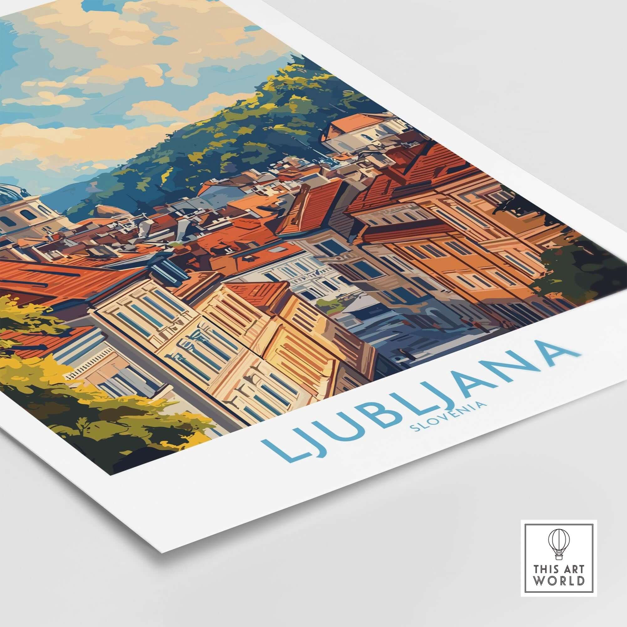 Ljubljana Travel Poster showcasing the vibrant rooftops and landscapes of Slovenia's charming capital.