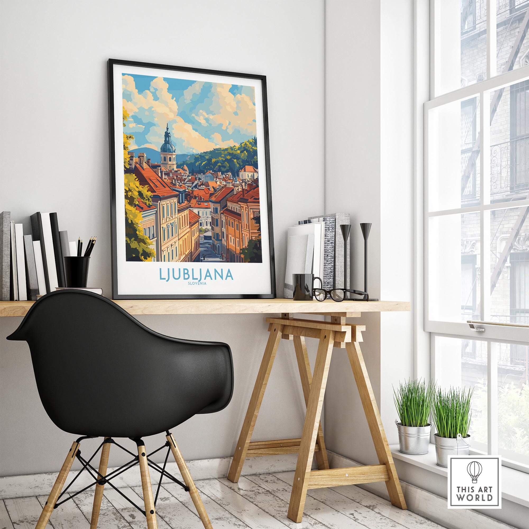 Ljubljana Travel Poster displayed in a modern home office setting with stylish furniture and natural light.