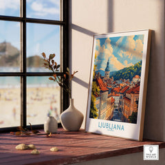 Ljubljana Travel Poster showcasing iconic sights and vibrant culture of Slovenia in a stylish home setting.
