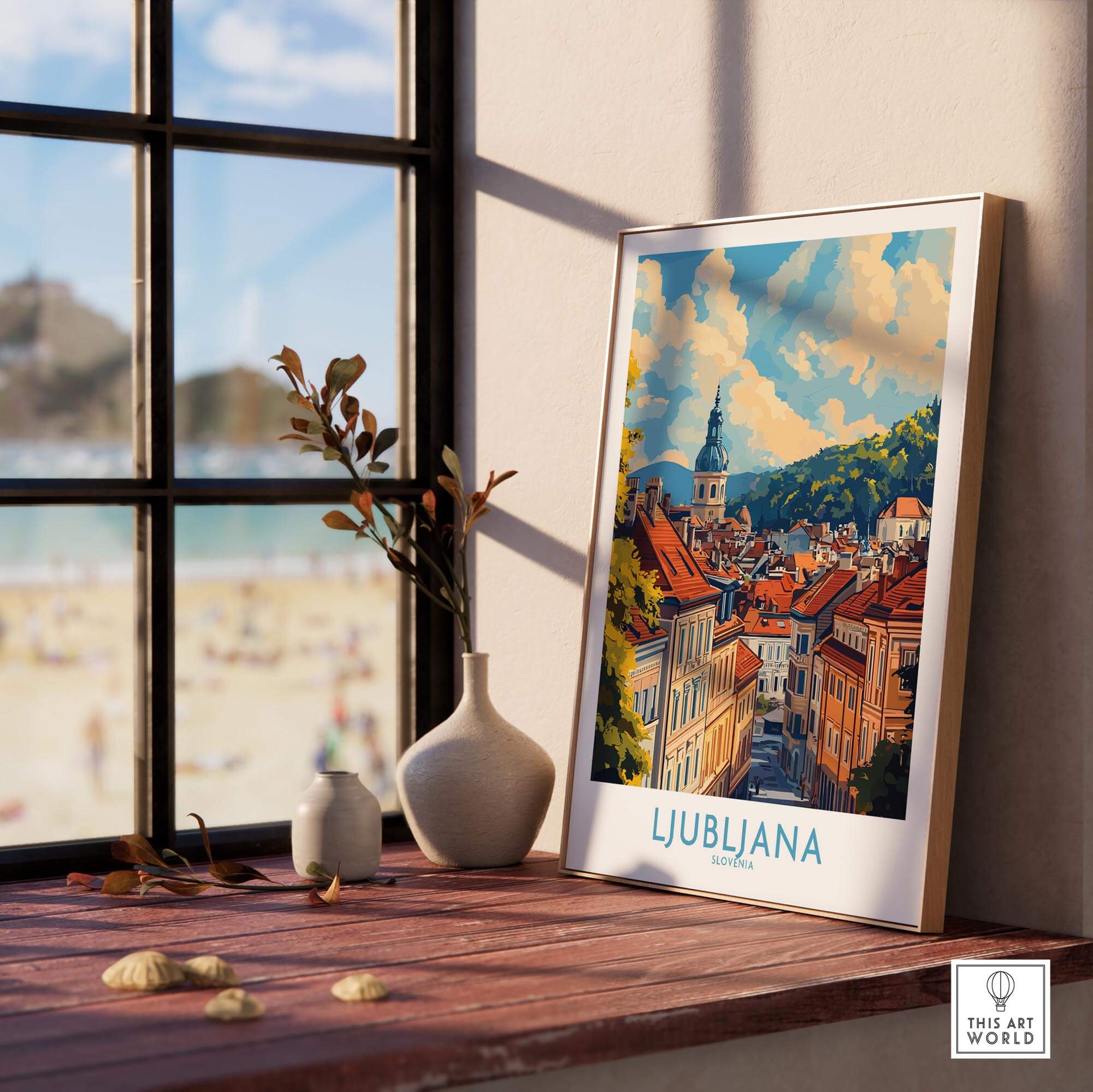 Ljubljana Travel Poster showcasing iconic sights and vibrant culture of Slovenia in a stylish home setting.